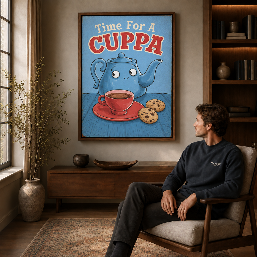 Vintage tea time wall art displayed above a wood cabinet beside a seated man.