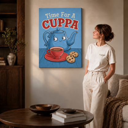 现代客厅无框画场景 Smiling teapot, red cup, and cookie canvas displayed in a contemporary living room.