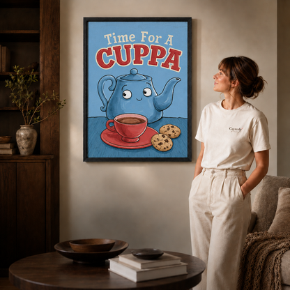 Black-framed blue teapot and red cup artwork styled in a neutral living room.
