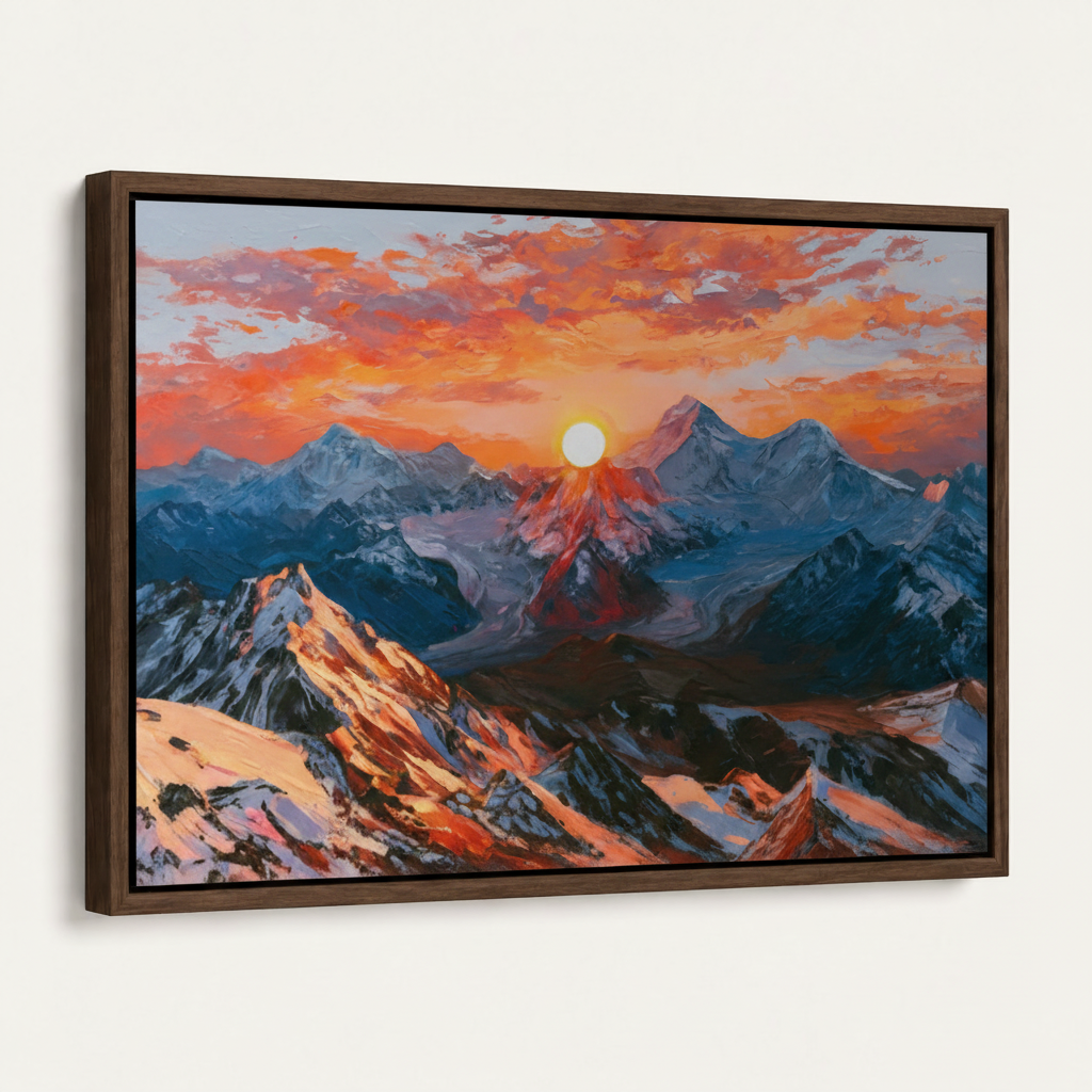 Framed alpine sunrise canvas art angled product view on white background