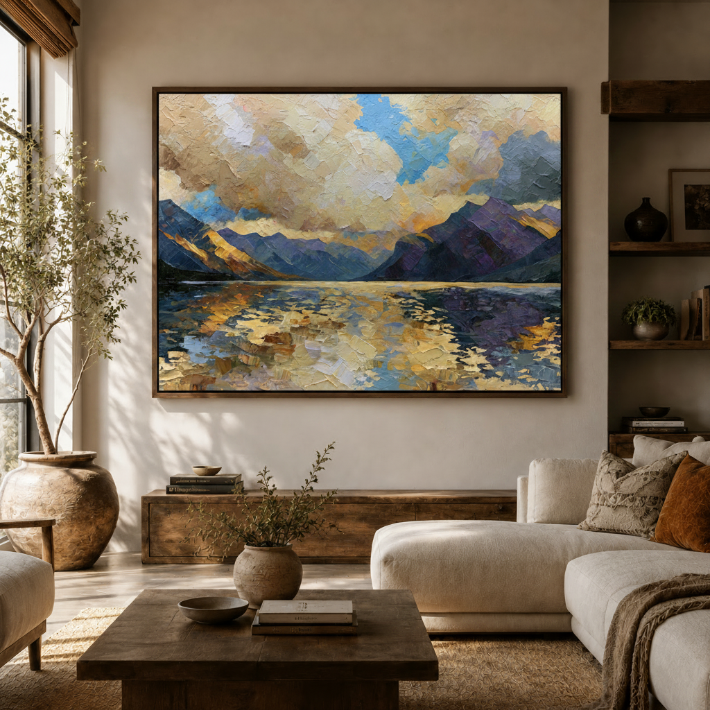 Impressionist mountain sunrise canvas displayed above living room sideboard with neutral sofa and olive tree