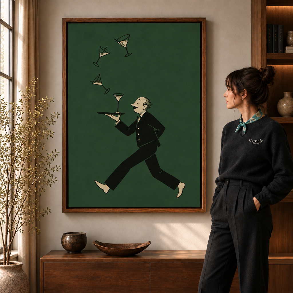 Retro martini waiter canvas print hanging above a wood sideboard in a neutral living room