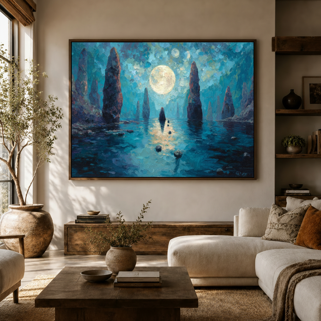 Moonlit stone spires impressionist canvas displayed above living room console with neutral sofa and olive tree