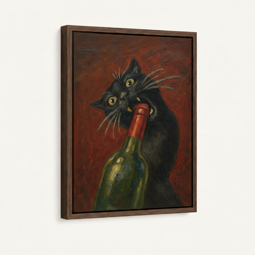 Framed canvas angled view of Old Masters black cat clutching wine bottle on deep crimson ground