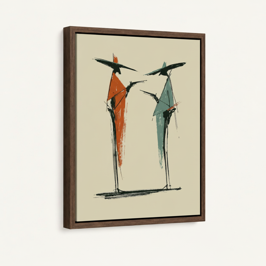 Angled close-up of framed abstract figure canvas in dark walnut float frame showing gestural ink line detail