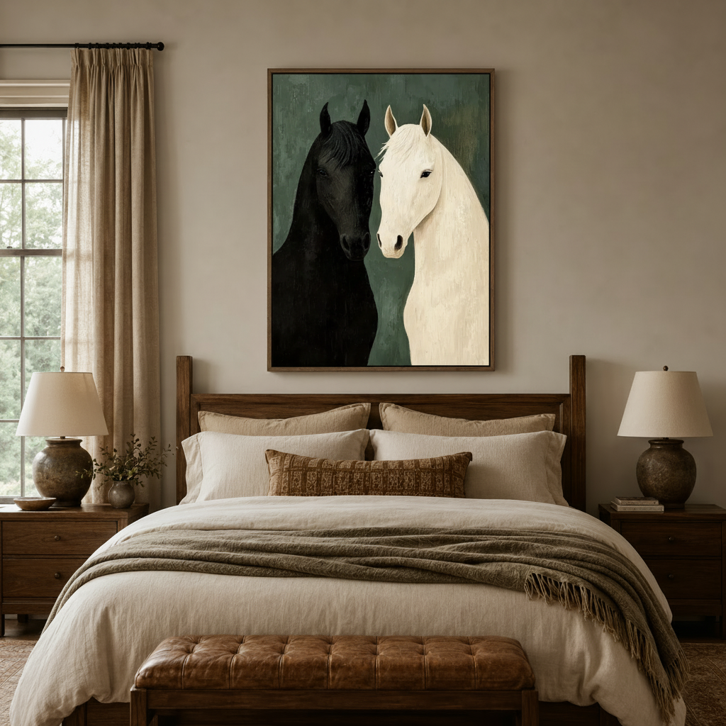 Dramatic horse portrait canvas print centered above rustic wooden bed in warm neutral master bedroom