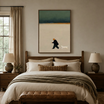 Framed minimalist figure and dog canvas print centered above rustic wooden bed in cozy neutral bedroom