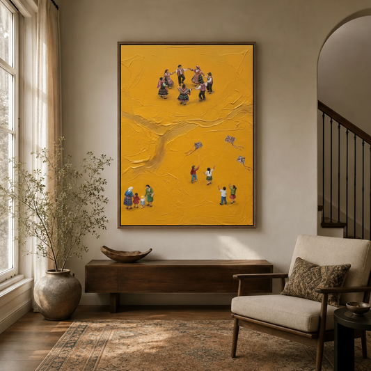 Folk dance kite festival canvas wall art in walnut frame above console table in warm neutral entryway with arch