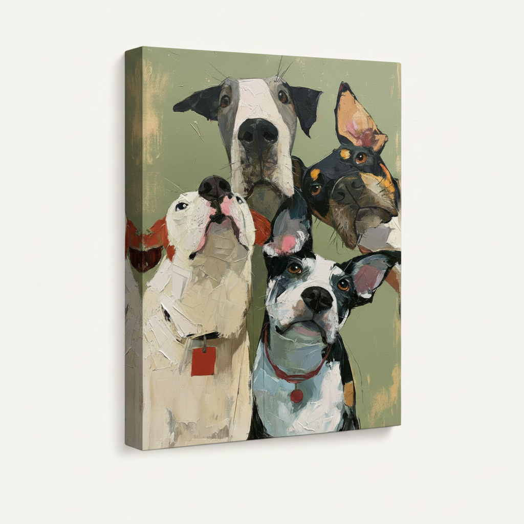 Gallery-wrapped canvas side view of funny dog group portrait painting with visible impasto texture