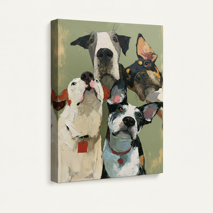 Gallery-wrapped canvas side view of funny dog group portrait painting with visible impasto texture