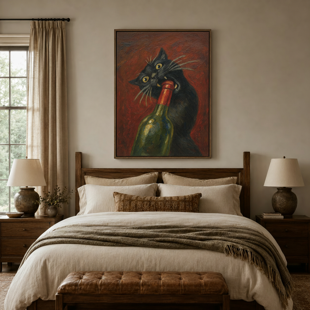 Wild-eyed black cat wine bottle painting above wood-frame bed in rustic earth-tone bedroom