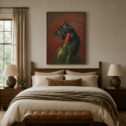 Wild-eyed black cat wine bottle painting above wood-frame bed in rustic earth-tone bedroom