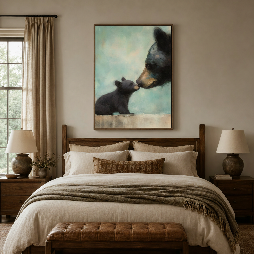 Painterly bear mother and cub canvas art above wooden bed in cozy farmhouse bedroom with linen bedding and ceramic lamps
