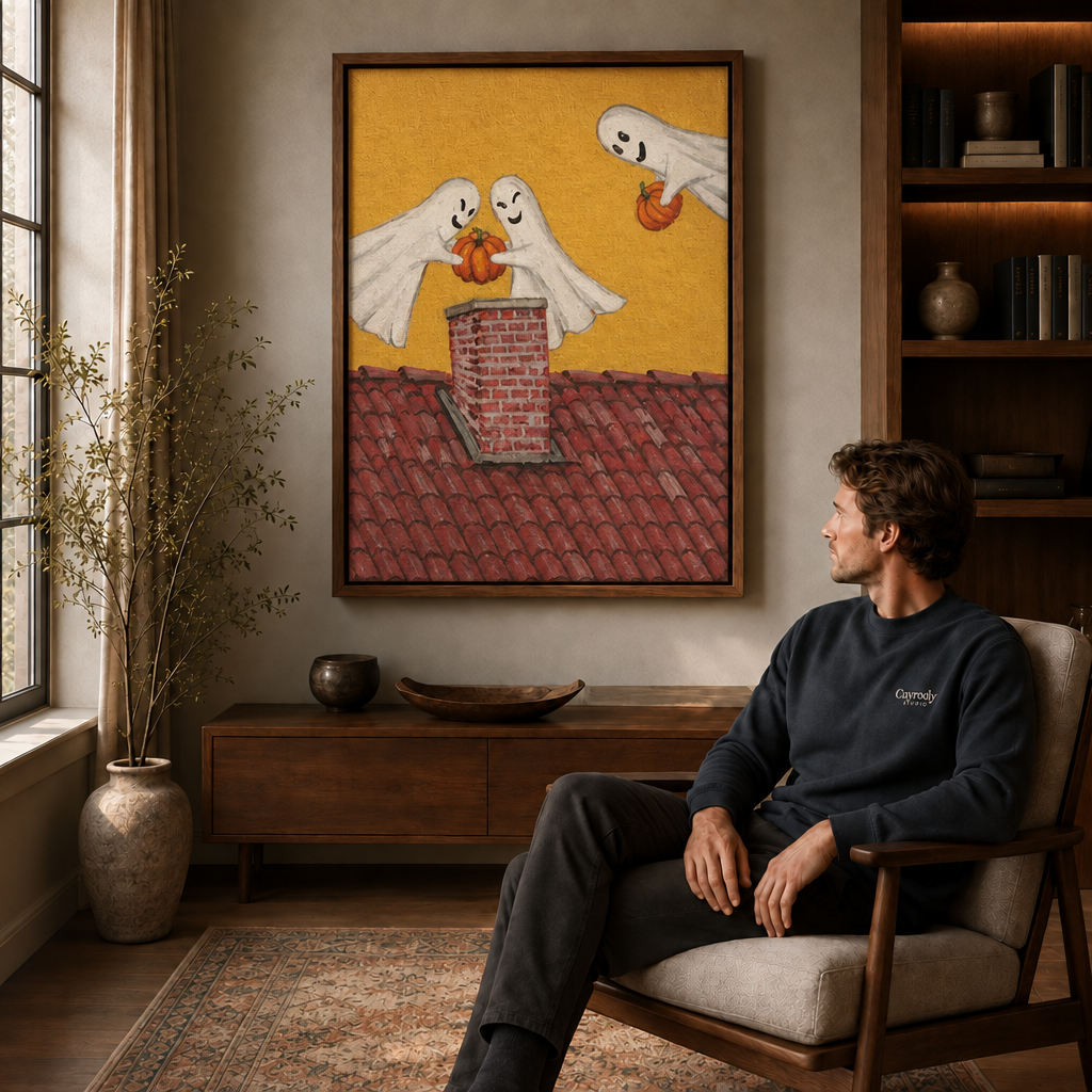  Framed Halloween canvas art showing three playful ghosts with pumpkins above a brick chimney.