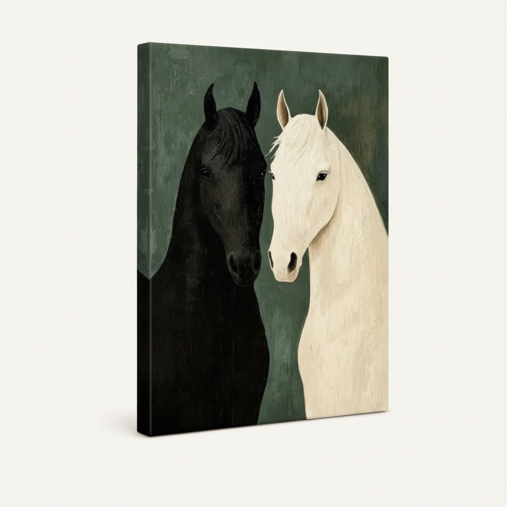Gallery-wrapped equestrian canvas showing black and white horse portrait with thick wrapped side edges