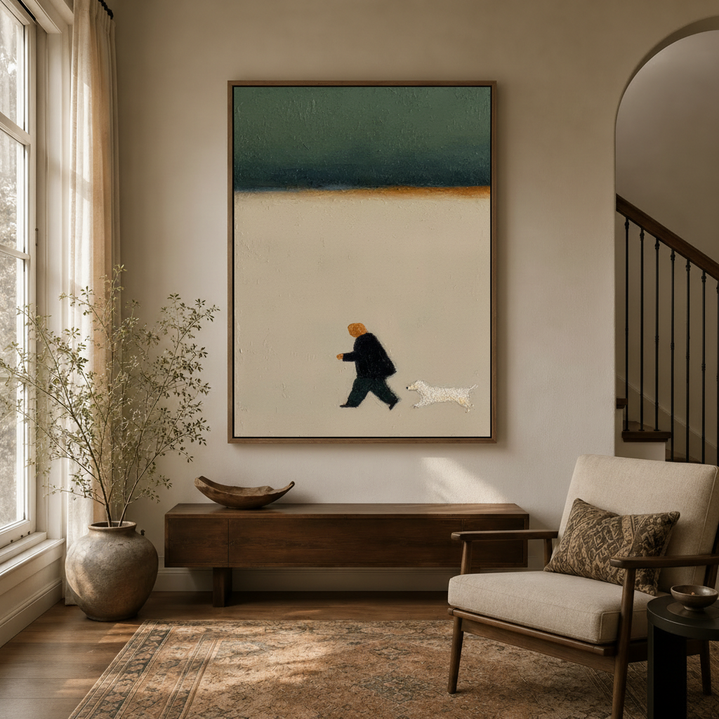 Minimalist man walking dog canvas print in thin wood float frame above console table in bright neutral entryway
