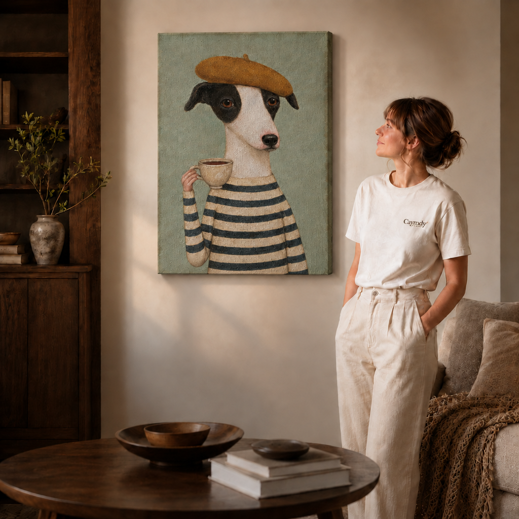Dog portrait canvas art above a sofa in a bright modern room.