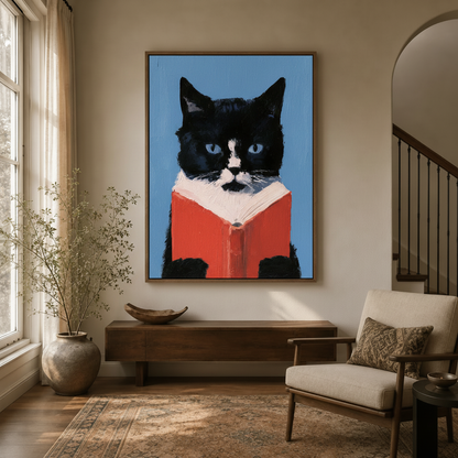 Framed tuxedo cat reading red book canvas print hanging in a warm entryway with wood furniture