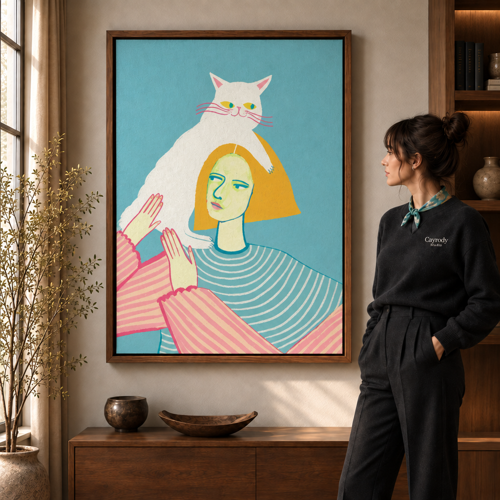 Whimsical cat woman canvas wall art displayed in a warm living room beside a standing model.