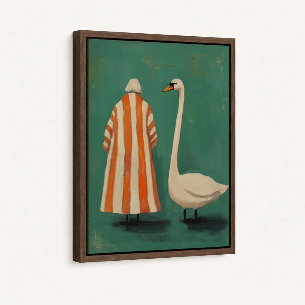 Framed canvas art print showing woman in bold striped robe beside elegant white swan, teal background