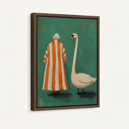 Framed canvas art print showing woman in bold striped robe beside elegant white swan, teal background