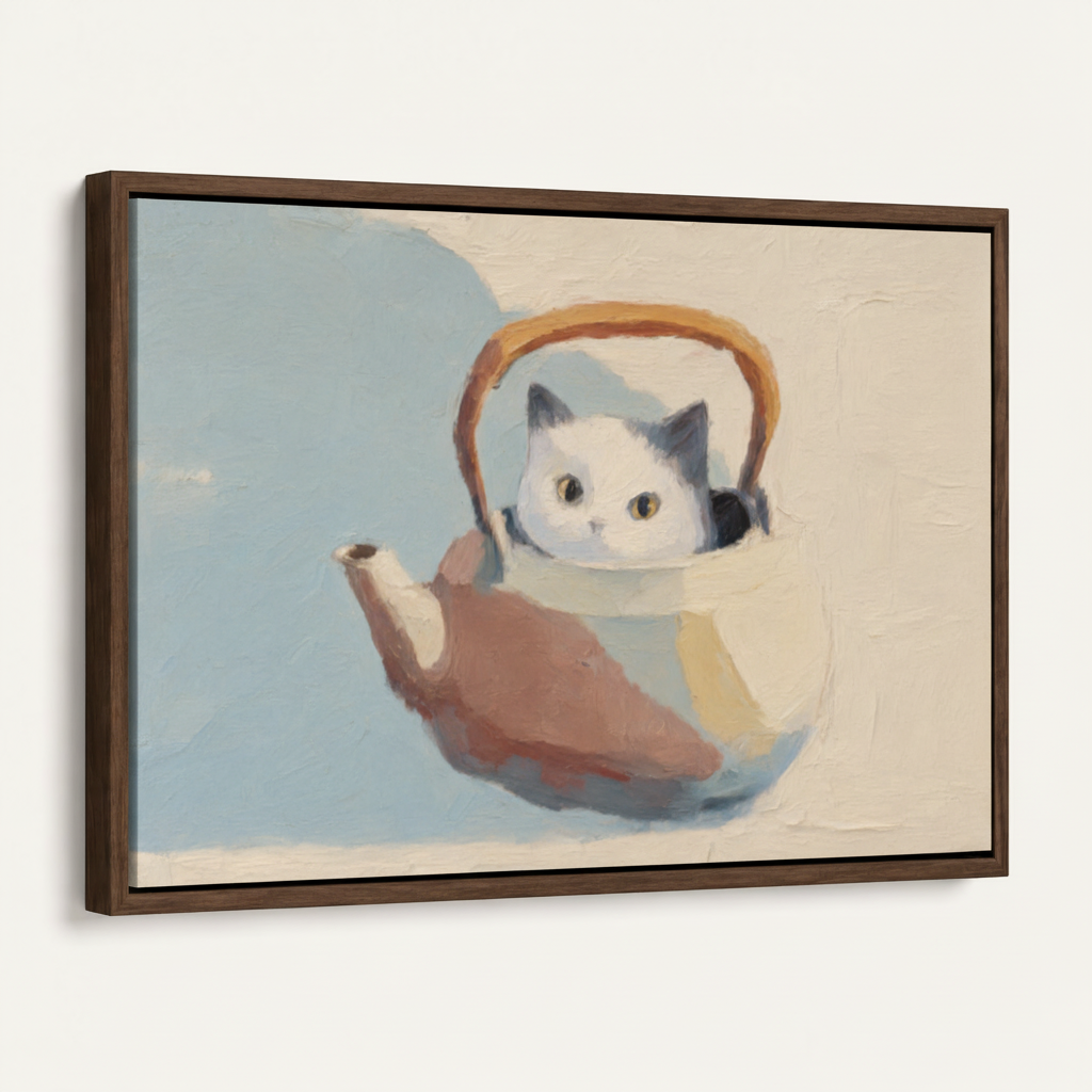 Dark walnut framed canvas print of a white cat peeking from a ceramic teapot, angled product view
