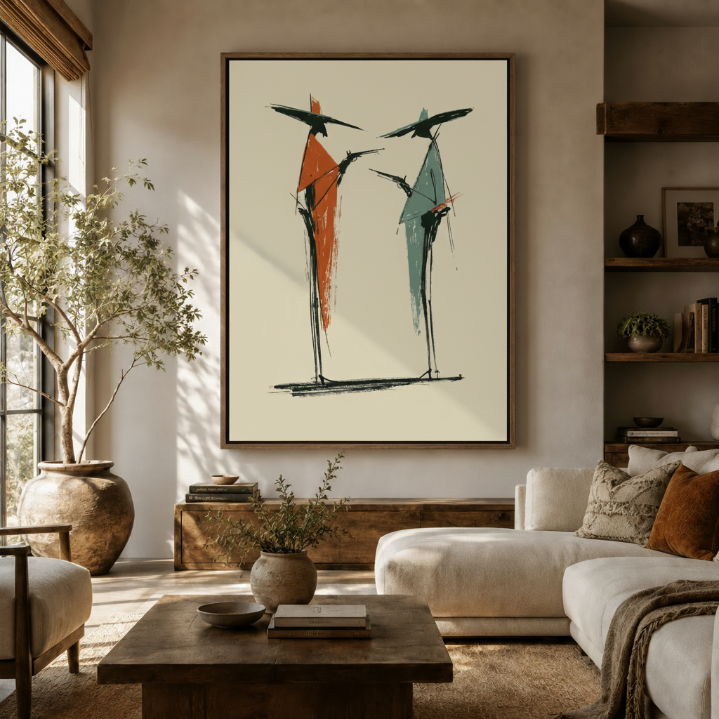 Large mid-century modern abstract people canvas hanging above cream sofa in bright farmhouse living room