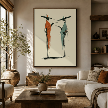 Large mid-century modern abstract people canvas hanging above cream sofa in bright farmhouse living room