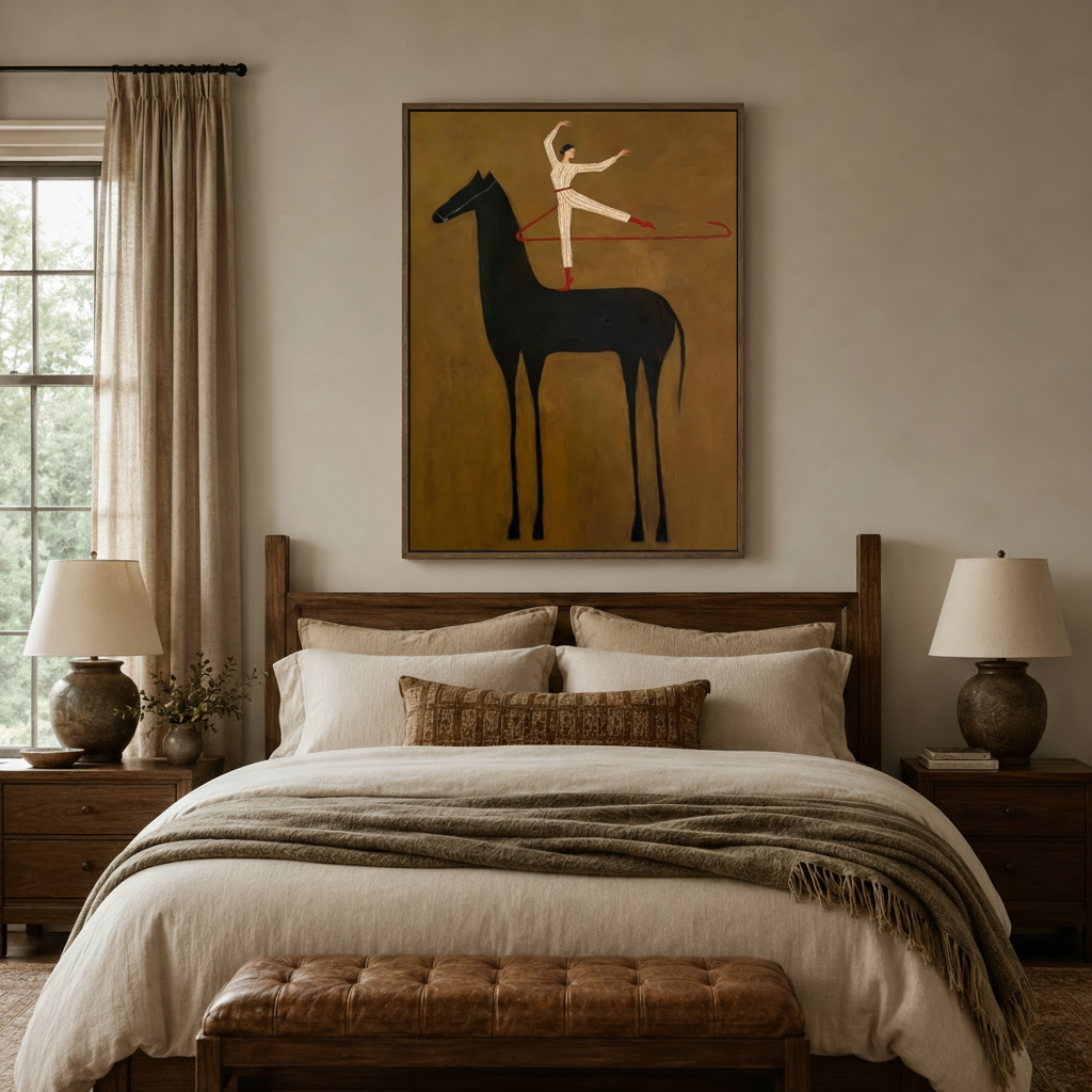 Ballerina on black horse canvas print above wooden bed in a cozy earthy bedroom setting