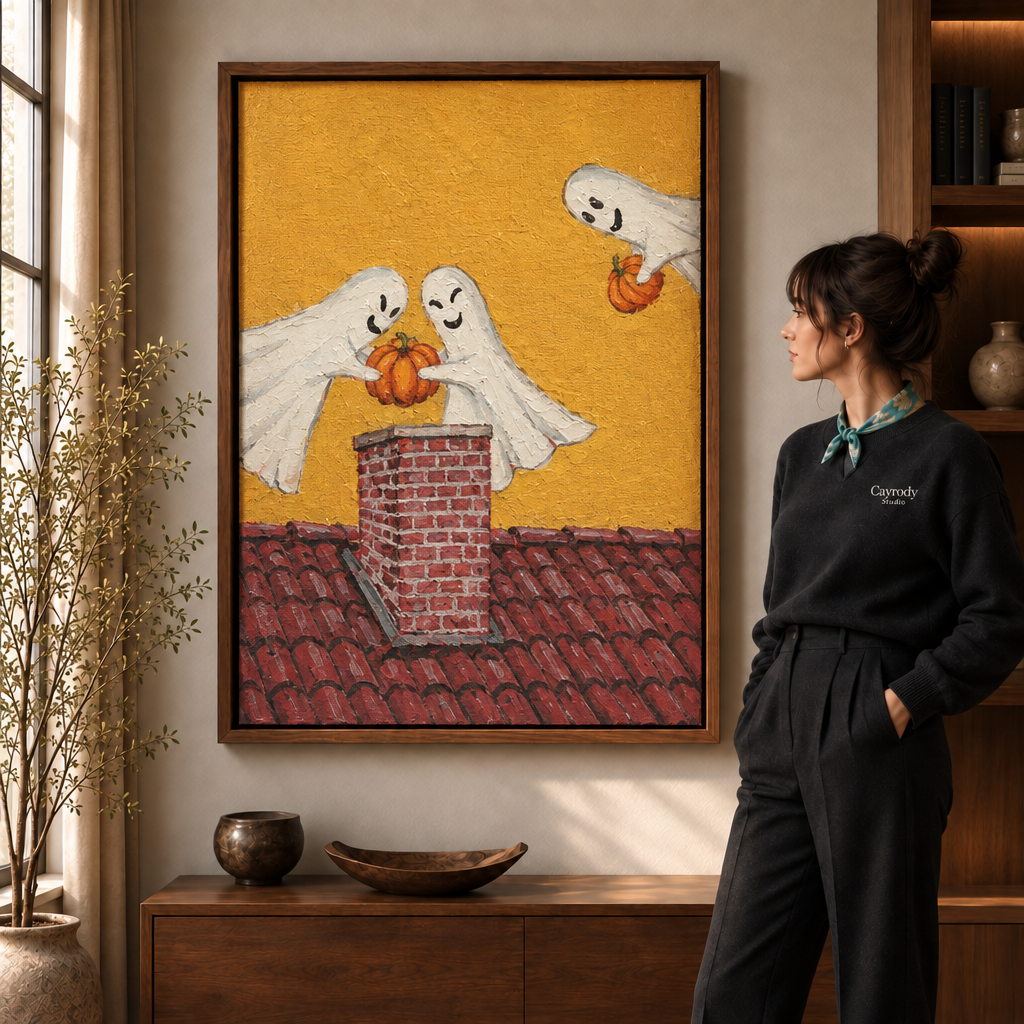  Ghost pumpkin canvas wall art in a walnut frame beside a woman in a warm living room.