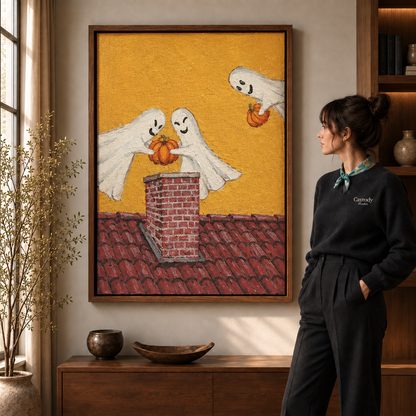  Ghost pumpkin canvas wall art in a walnut frame beside a woman in a warm living room.
