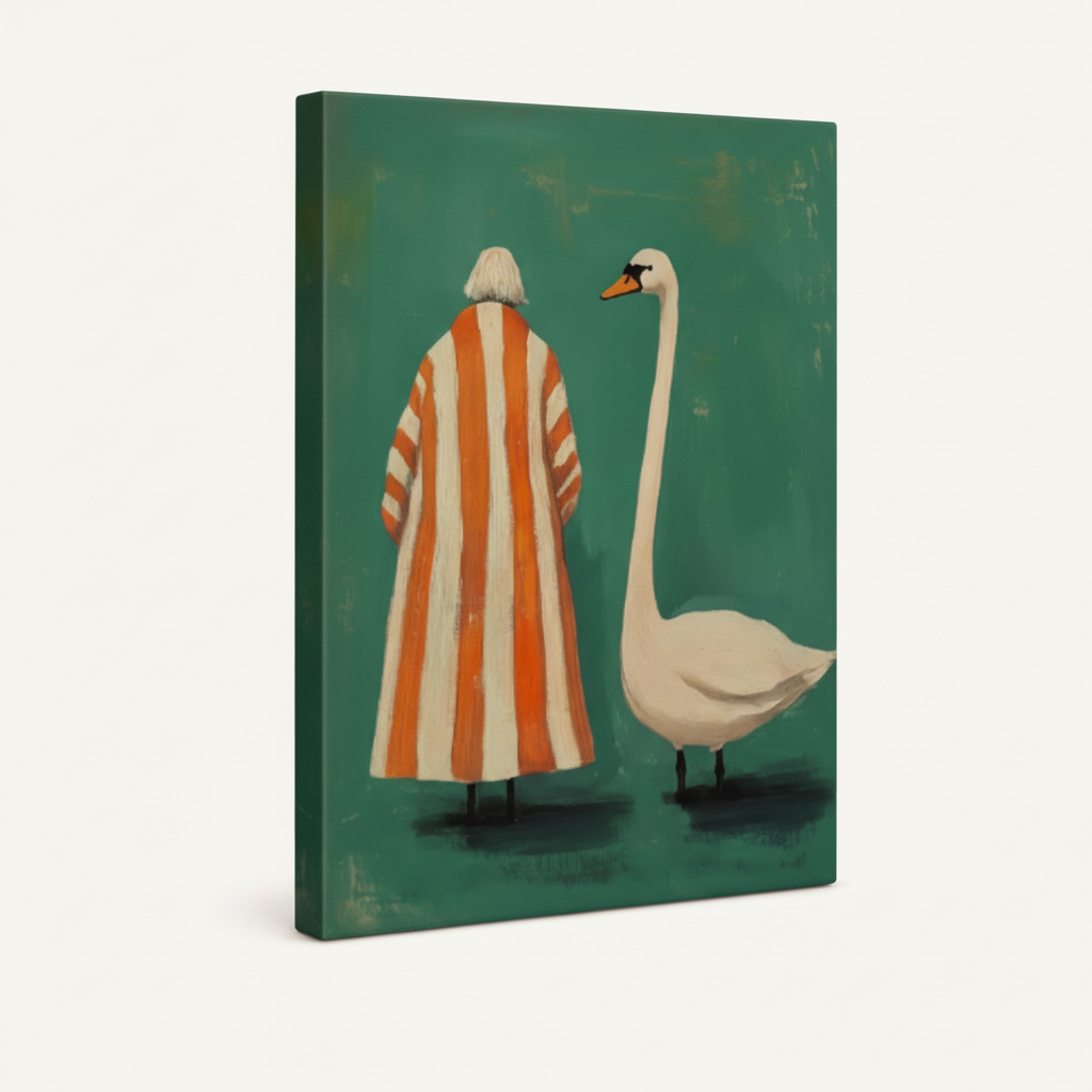 Gallery-wrapped canvas print of whimsical woman and swan duo, retro painterly style, side angle view