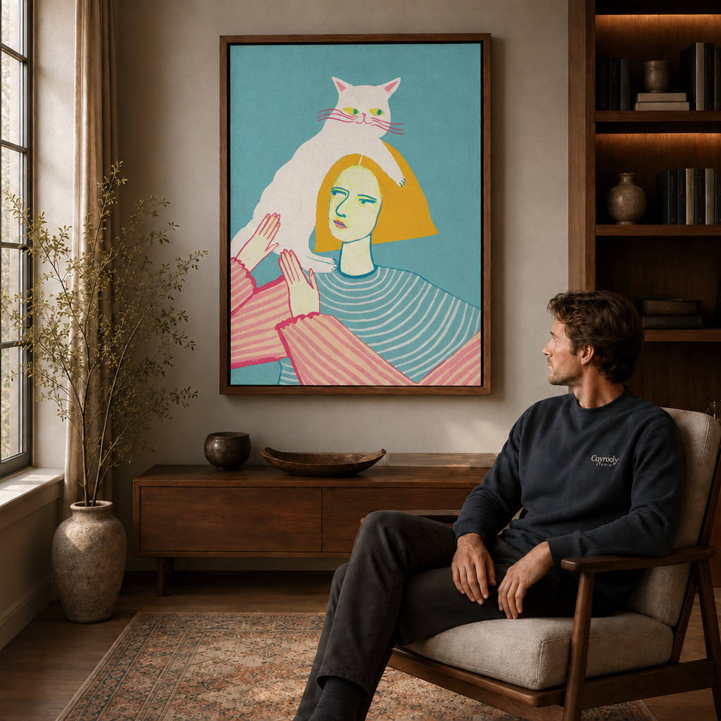 Surreal cat woman canvas art above a seated viewer in a cozy chair, framed by shelves and natural light.