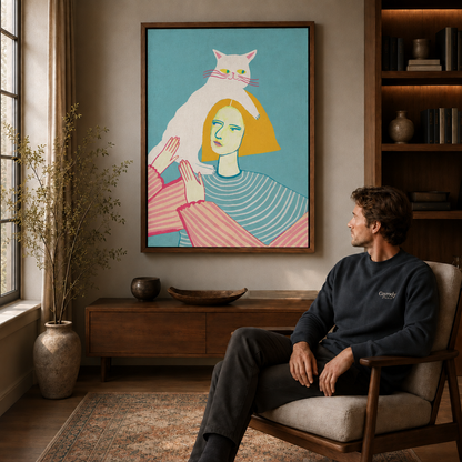 Surreal cat woman canvas art above a seated viewer in a cozy chair, framed by shelves and natural light.