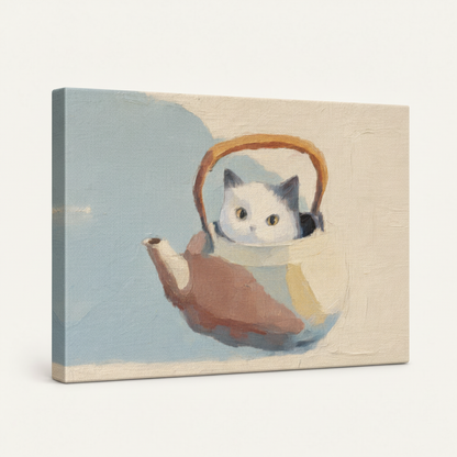 Dark walnut framed canvas print of a white cat peeking from a ceramic teapot, angled product view