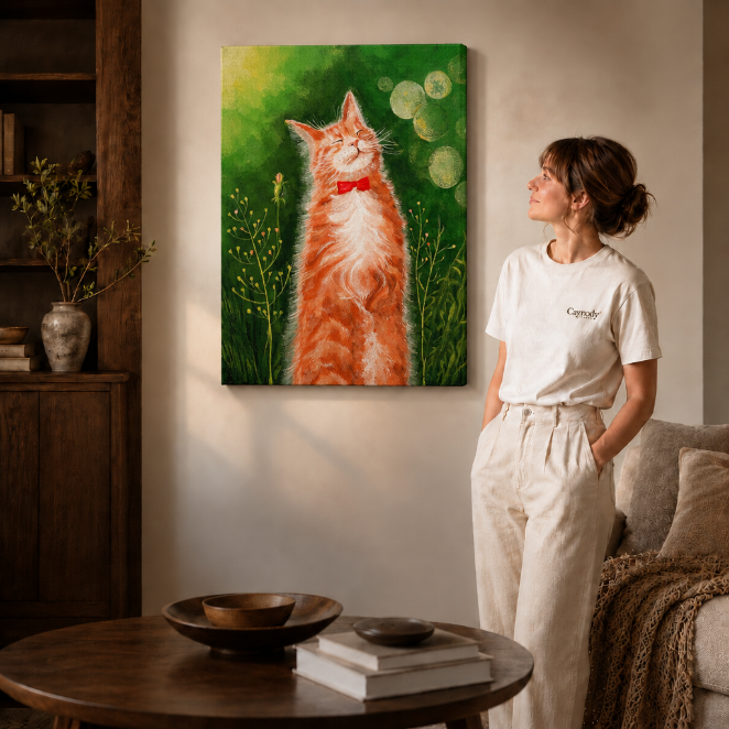 Orange cat portrait canvas displayed above a sofa beside a woman in white.