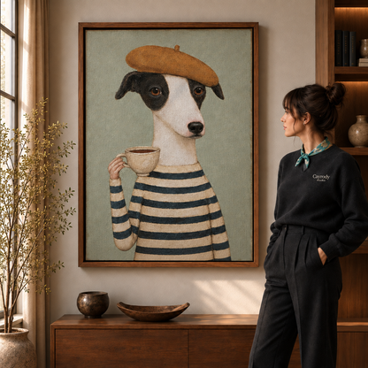 Modern dog portrait canvas art showing a dog in a striped sweater and ochre cap.