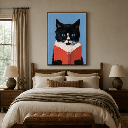 Oil-style reading cat wall art in a rustic farmhouse bedroom above wooden headboard