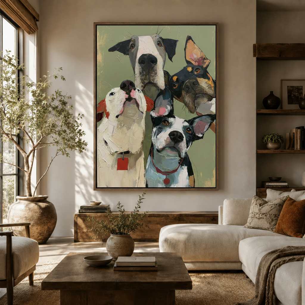 Four dogs oil painting canvas wall art displayed above white sofa in sunlit organic modern living room