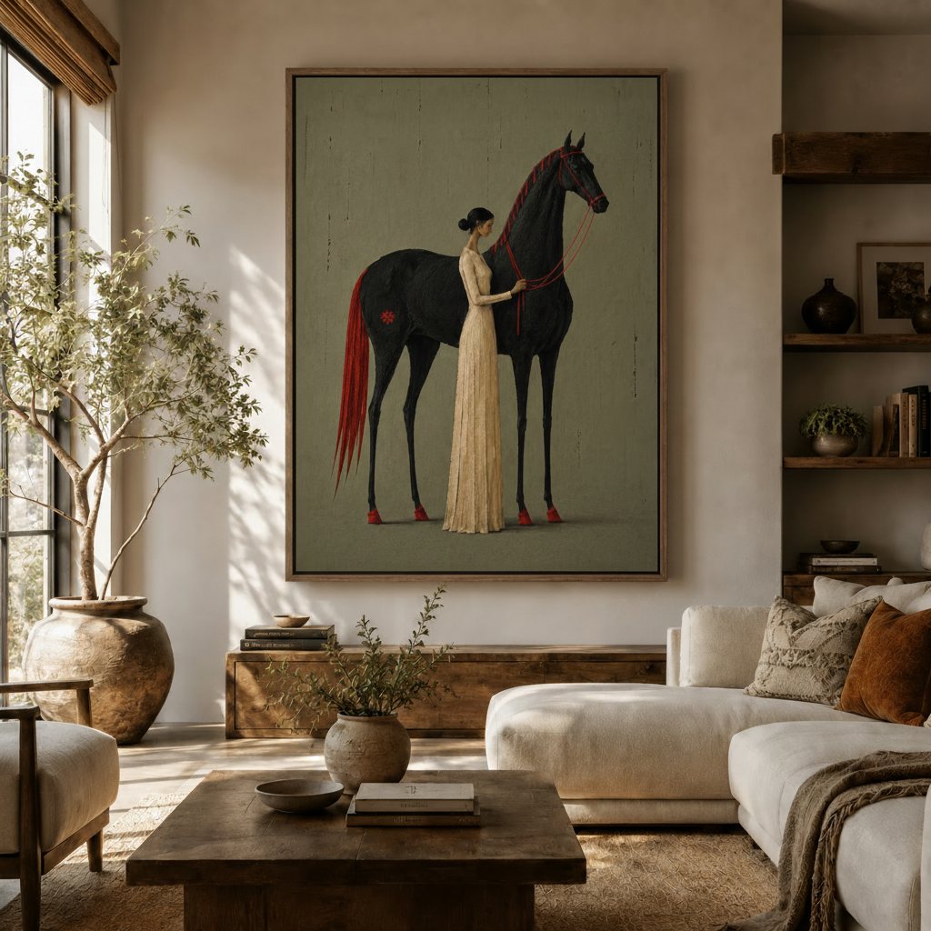 Woman and black horse figurative painting hanging in a sunlit rustic farmhouse living room