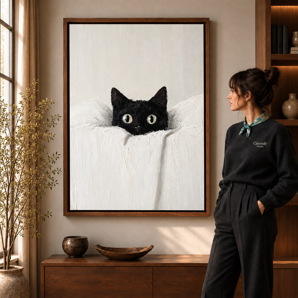 A curious black cat peeks from white fabric in a softly lit room with dark wood and leafy accents.