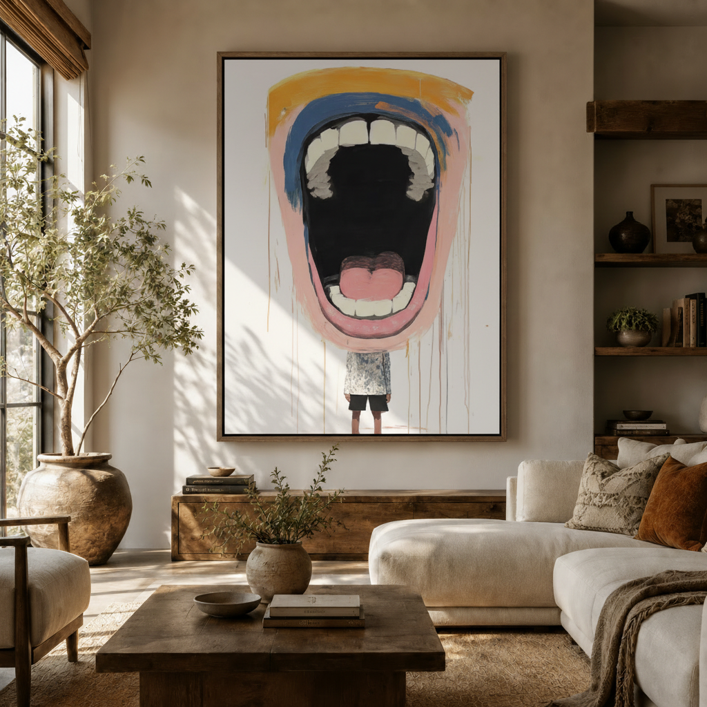 Large abstract scream figure canvas print on living room wall with white sofa and olive tree in sunlit space