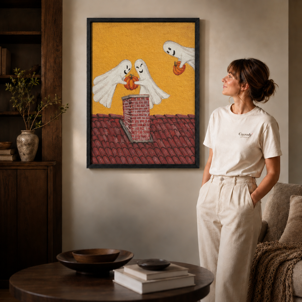  Ghost pumpkin canvas wall art in a black frame beside a sofa and round coffee table.