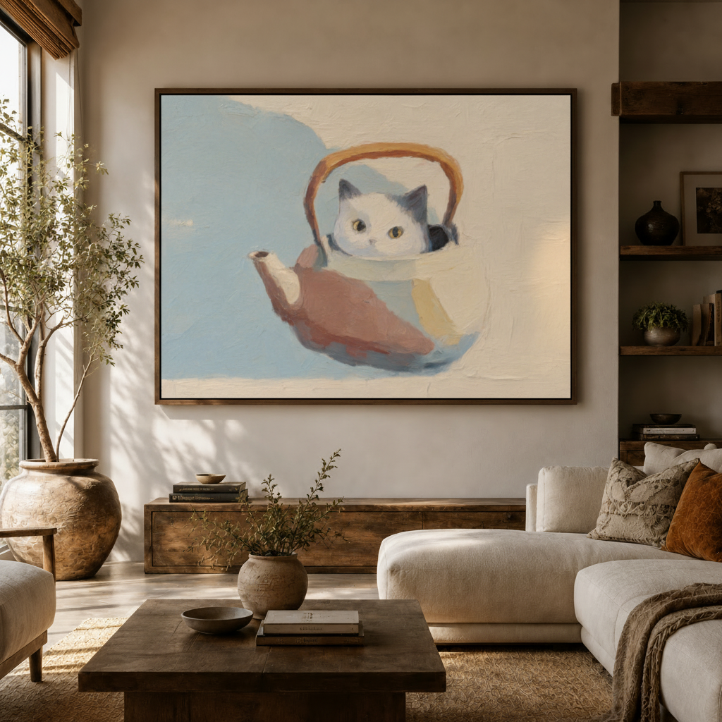 Framed cat teapot oil painting print hung with dried branches and vintage area rug
