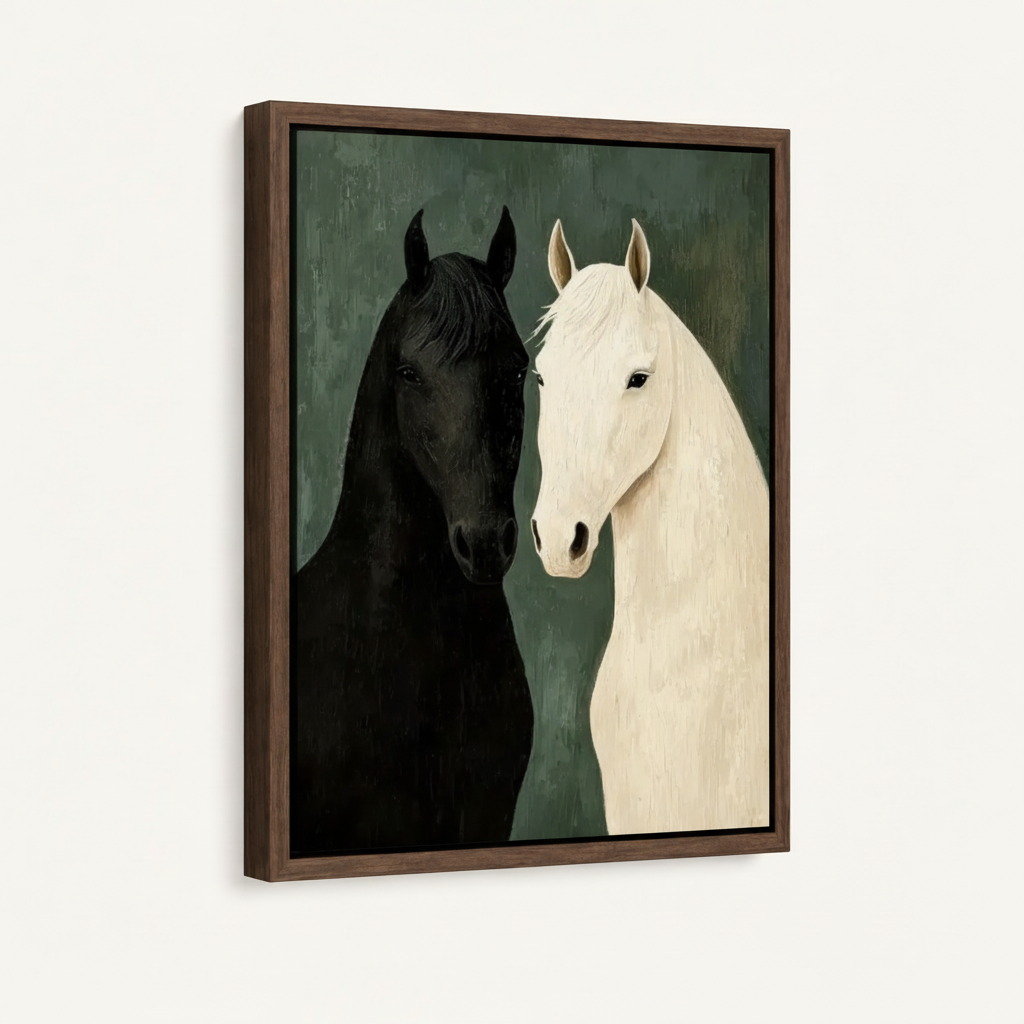 Angled view of framed black and white horse portrait canvas with dark wood float frame on neutral background