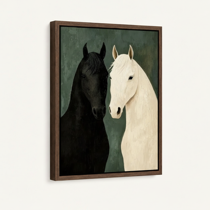 Angled view of framed black and white horse portrait canvas with dark wood float frame on neutral background