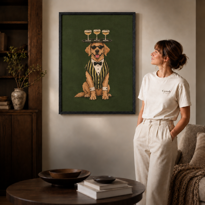Black framed bartender dog canvas wall art styled in a cozy interior.