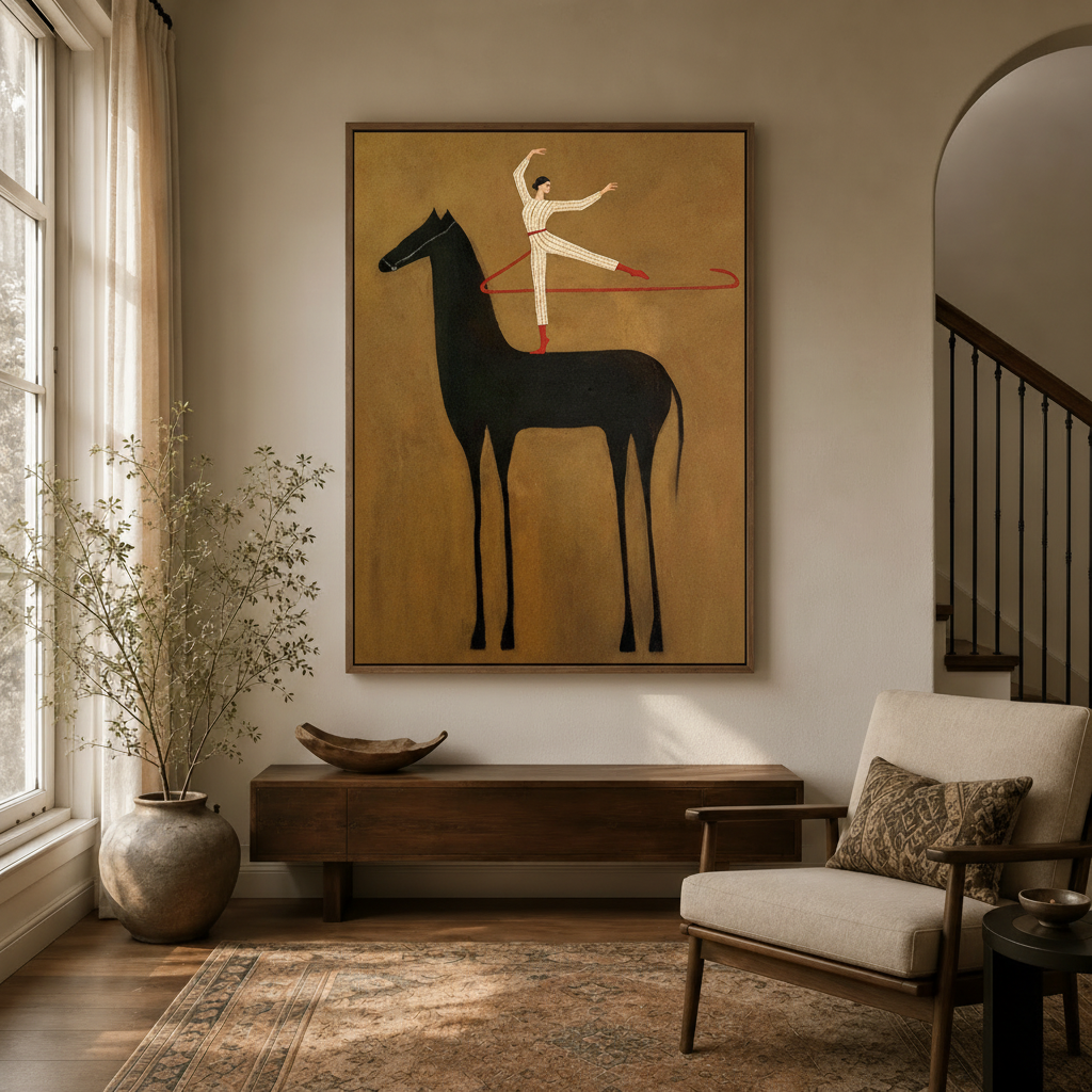 Framed canvas art of ballerina standing on black horse displayed in a warm neutral entryway