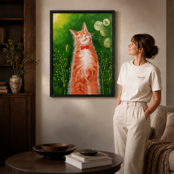 Framed ginger cat artwork shown close up beside a woman in a modern living space.