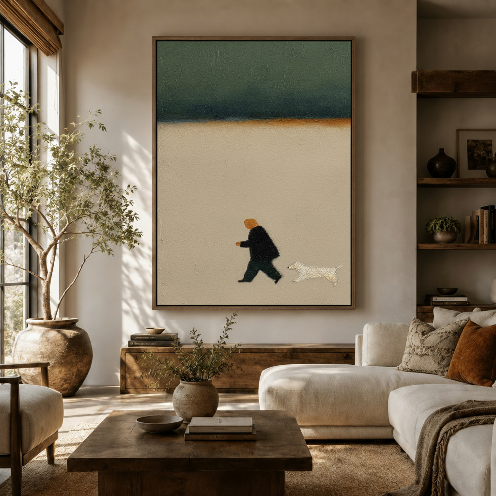Minimalist man walking dog canvas print in thin wood float frame above console table in bright neutral entryway